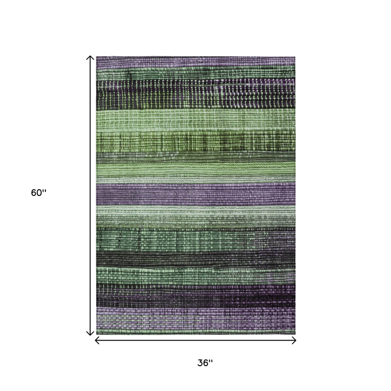 3' X 5' Purple And Green Striped Washable Indoor Outdoor Area Rug