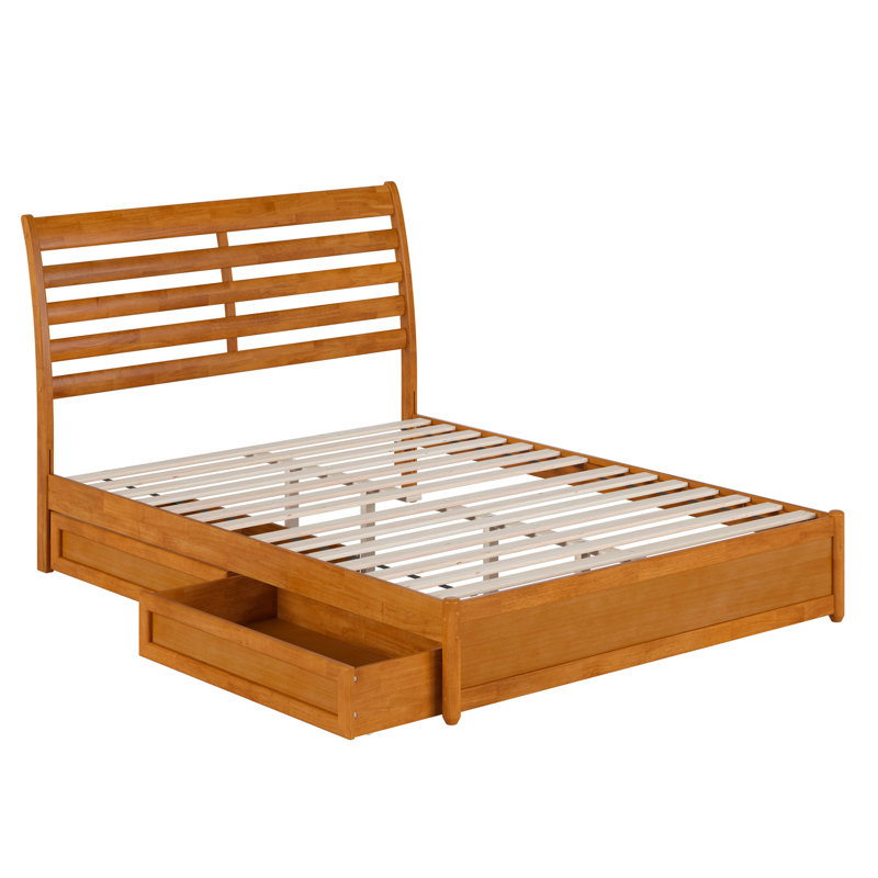 Lit plateforme avec rangement en bois massif et pied de lit Lamareon, Grand, Caramel clair