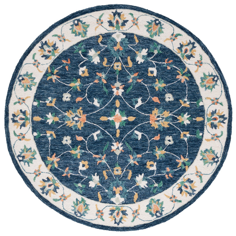 Rosalna Oriental Handmade Tufted Wool Blue/Ivory/Yellow Area Rug, Round 5'