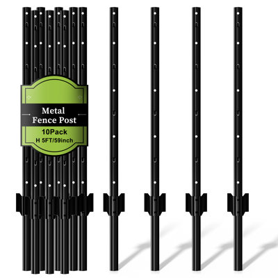 10 Pack Garden Fence Post, 5 Feet Heavy Duty Metal U-Post for Wire Fence, No Dig Garden Fence Stakes for Temporary Fencing, Electric Fence Wire, Corner Anchor, and More-Black