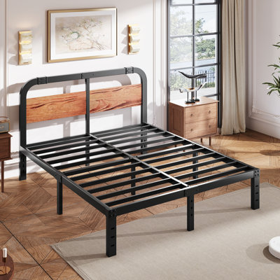 King Size Black Metal Platform Bed with 40-Inch Dark Solid Wood Headboard, Underbed Storage, Noise-Free Support, No Box Spring Needed