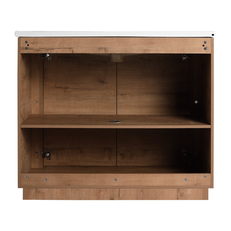 Meuble-lavabo autoportant de 102 cm (40 po) avec lavabo en céramique, 2 portes à fermeture amortie, résistant aux égratignures et à l'eau, poignées inclinées de 114 cm (45 po), étagères réglables, bords arrondis, armoire latérale, charnières en contreplaqué et armoire.