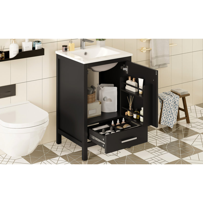 Meuble-lavabo compact de 20 pouces avec rangement intelligent, tiroir à fermeture en douceur et porte à double couche pour un rangement optimal Poignée élégante, mécanisme, petite organisation de tiroir