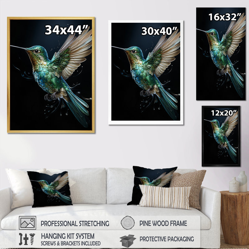Woodleigh Teal Black Hummingbird Aérien Grace - Art mural colibri, Toile tendue, H 32 po x l 16 po x P 1 po