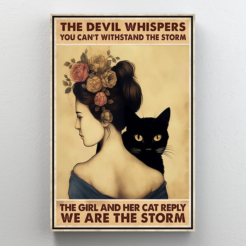 «The Girl and Her Cat répondre» - 1 pièce rectangulaire «The Girl and Her Cat répondre» - 1 pièce, reproduction d'art graphique sur toile tendue sur toile tendue