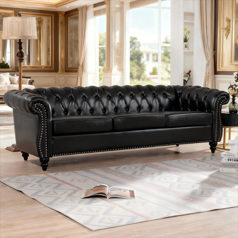 PU Rolled Arm Chesterfield Three Seater Sofa., Black, 84" W