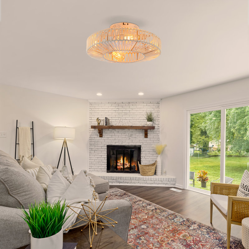 20" Linen Rope Caged Flush Mount Ceiling Fans , White