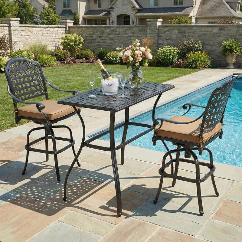  3-Piece Patio Swivel Bar Set, All-Weather Cast Aluminum Outdoor Bar Height Bistro Set With 2 Cushioned Bar Stools With Footrest And 42" Rectangle High Top Bar Table For Deck, Poolside, Garden