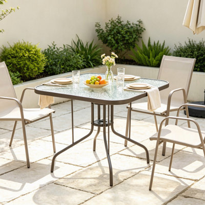 Table de salle à manger de patio carrée 35 pouces, table de bistro d'extérieur en verre trempé avec trou de parasol de 1,5 pouce et structure en métal pour la cour, la pelouse, la terrasse et le bord de la piscine