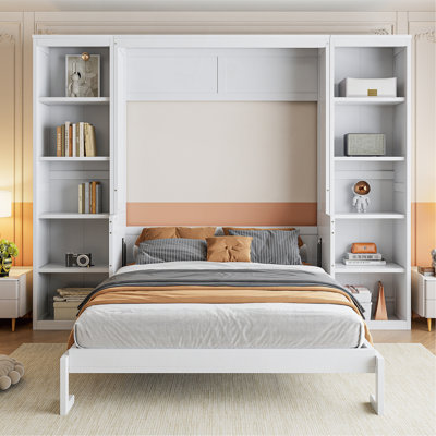 Lit escamotable double avec bureau et bibliothèque, blanc