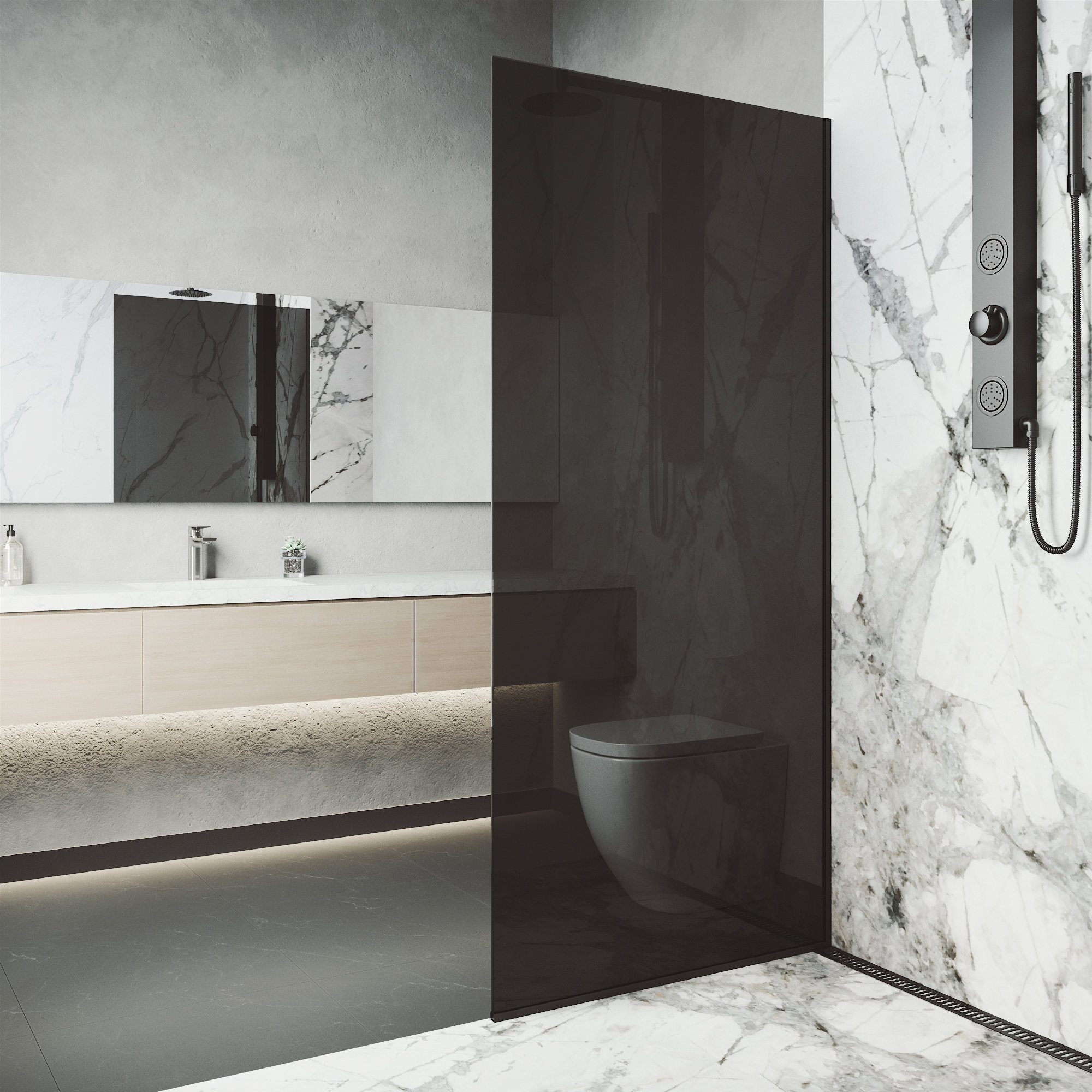 Zenith 34" W x 74" H Fixed Frameless Shower Screen with 3/8" Glass, Matte Black/Black Tint