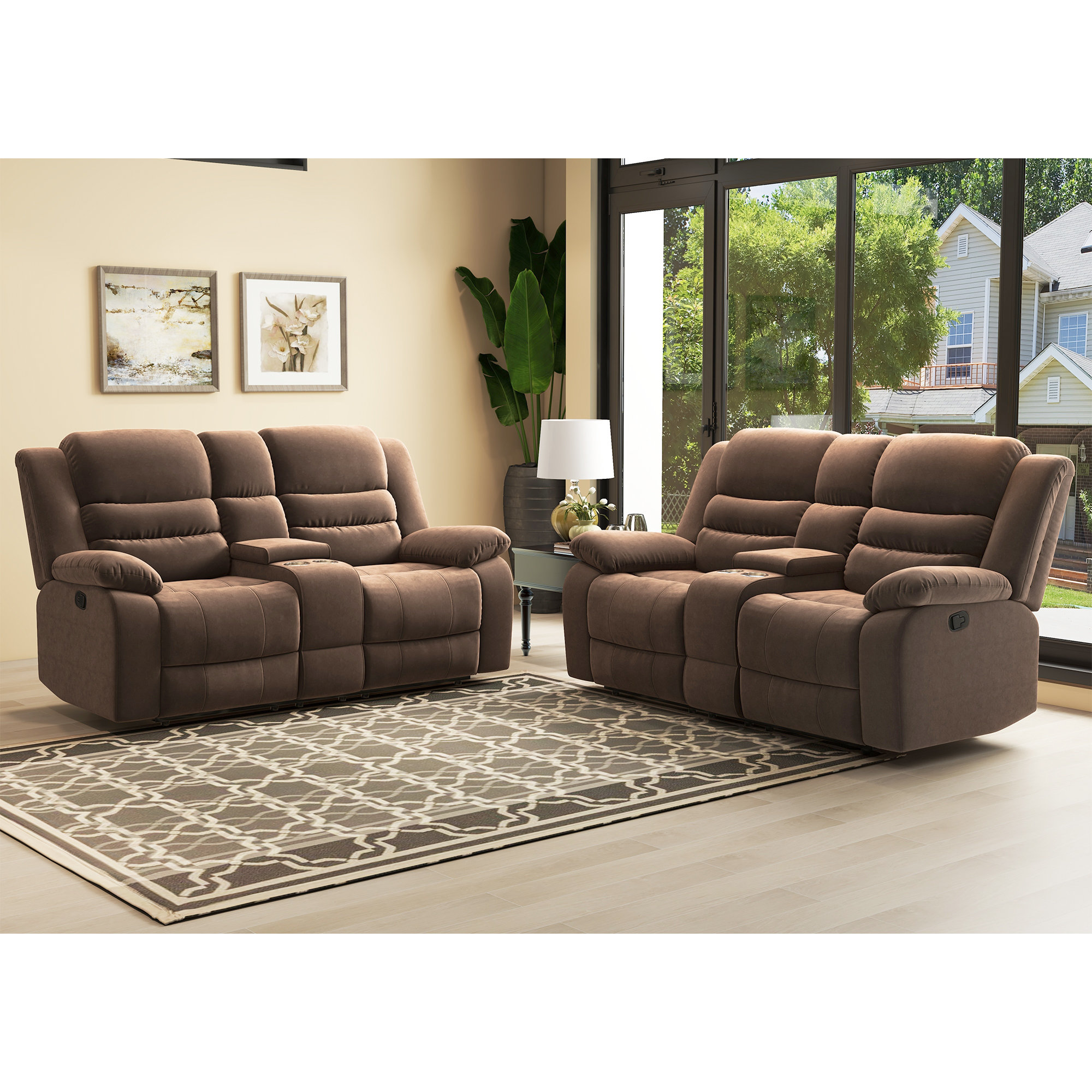 Luxurious Microfiber Motion Recliner with Pillow Top Armrest and Tight Seat & Back Cushion, Manual Reclining Mechanism - Brown