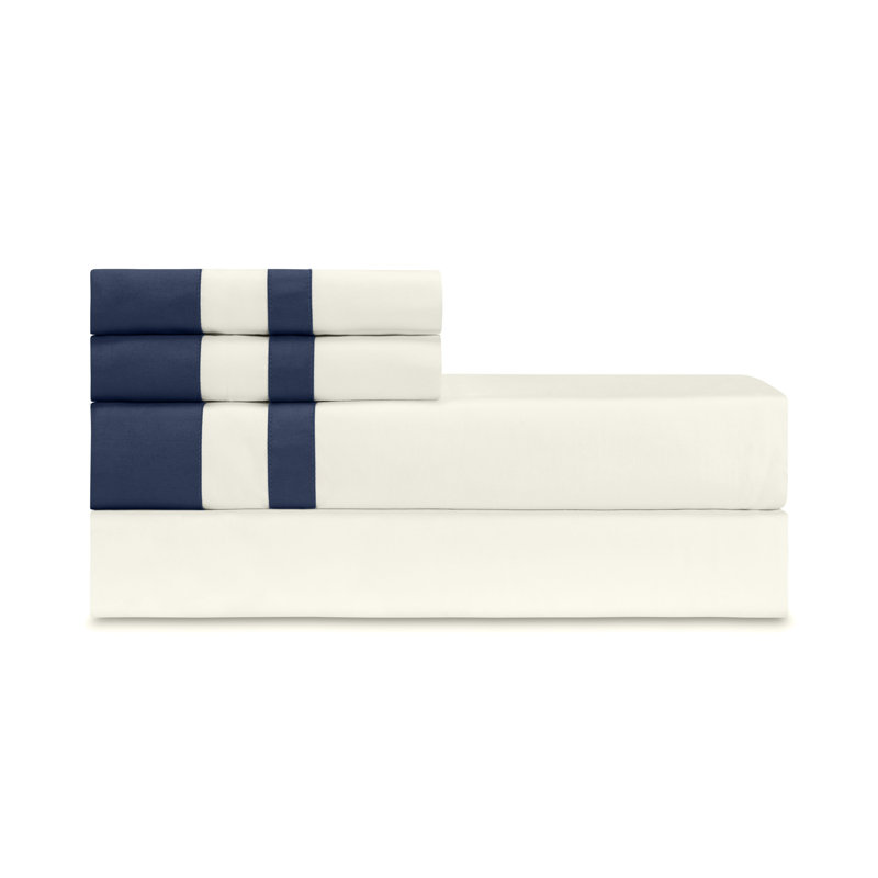 Savoy Sateen Sheet Set, Ivory/Navy Blue, Full Sheet Set + 2 Pillowcases