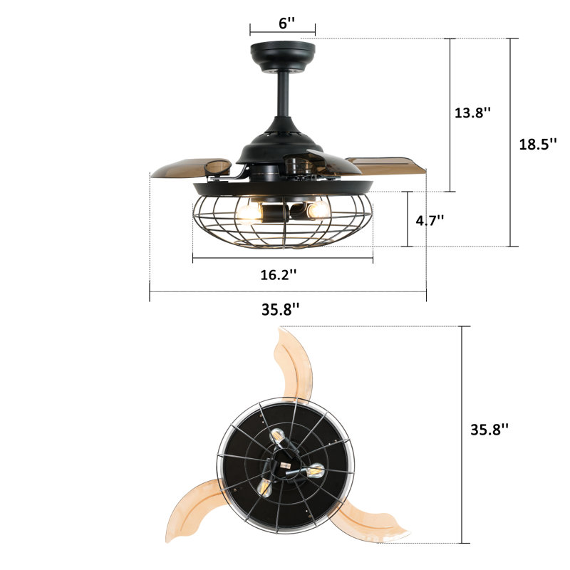 Ventilateur de plafond 36 pouces rétractable avec 36 modes de fonctionnement et 2 tiges de descente noir mat avec lumières
