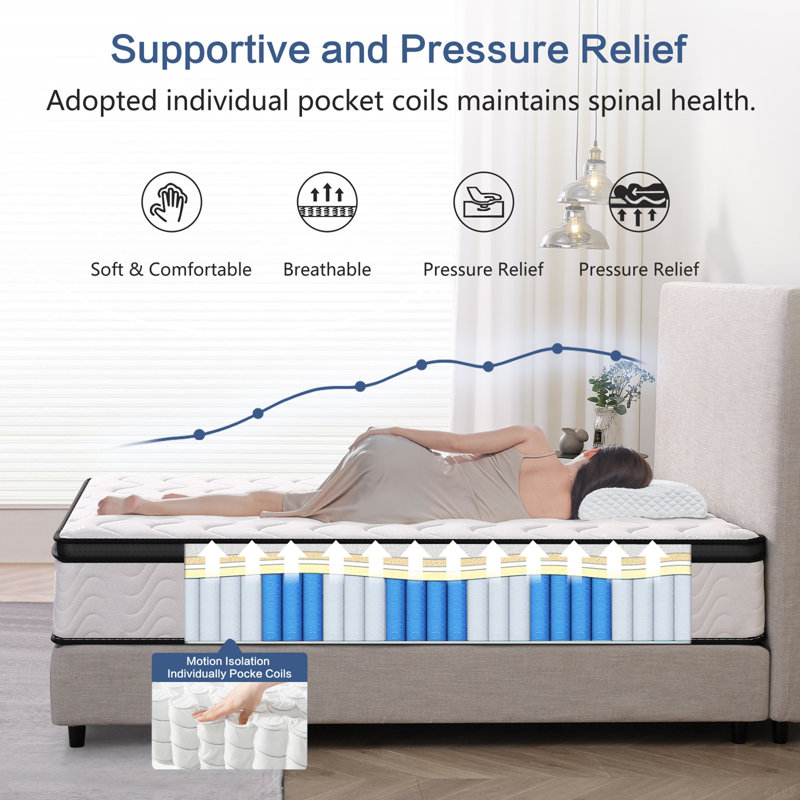 Matelas hybride 12 pouces - Soulagement de la pression et sommeil paisible, Fermeté moyenne, Ressorts ensachés et mousse viscoélastique imprégnée de gel, Livré comprimé
