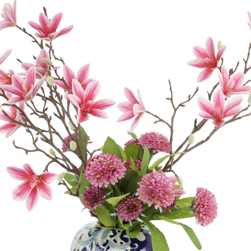 Magnolia and Dahlia Arranged in a Decorated Ceramic Vase