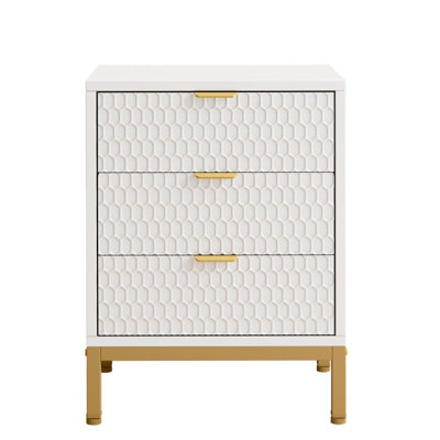 Modern 3-Drawer Nightstand with Metal Base with Luxe Hexagon Front Ideal for Stylish Storage and Space Enhancement