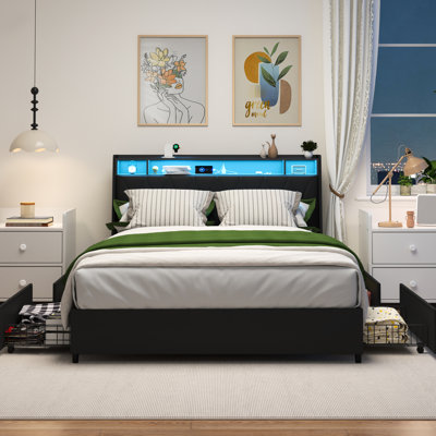 Queen Size Bed Frame With Ergonomic Headboard, Built - In Outlets & , Led , Storage Shelf, Noise Metal For Bedroom Fidelity Rest