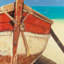 Bateau à rames attaché - décor de toile encadrée brun côtier