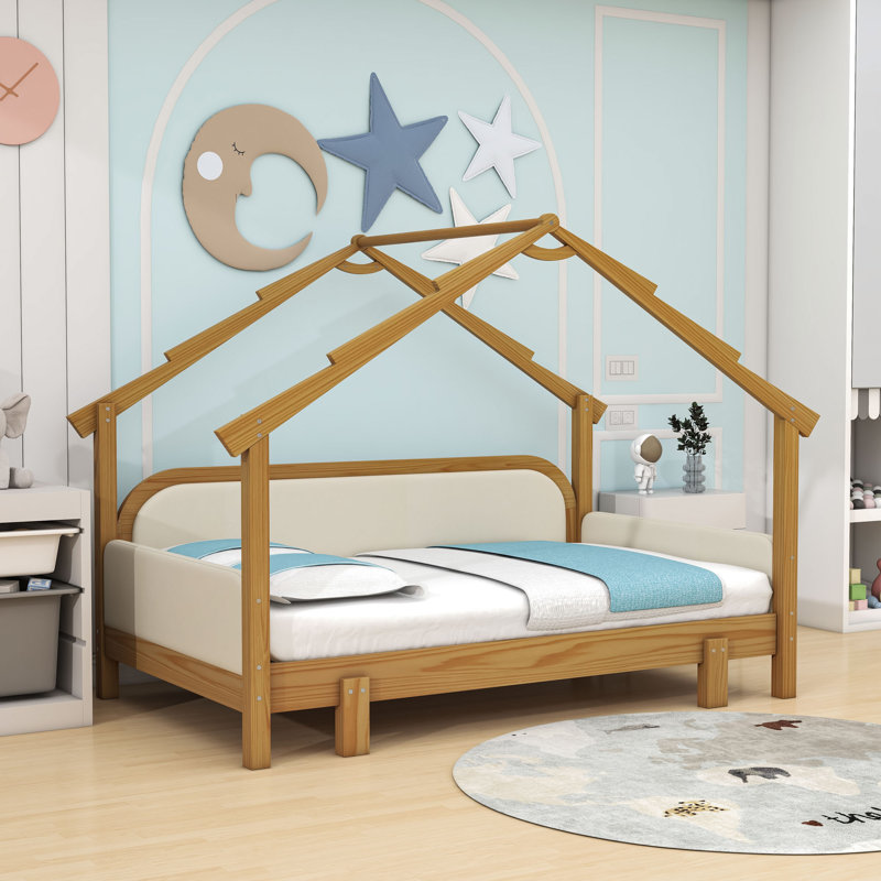 Lit simple en bois avec barrière de sécurité et espace de jeu sous le lit, Blanc