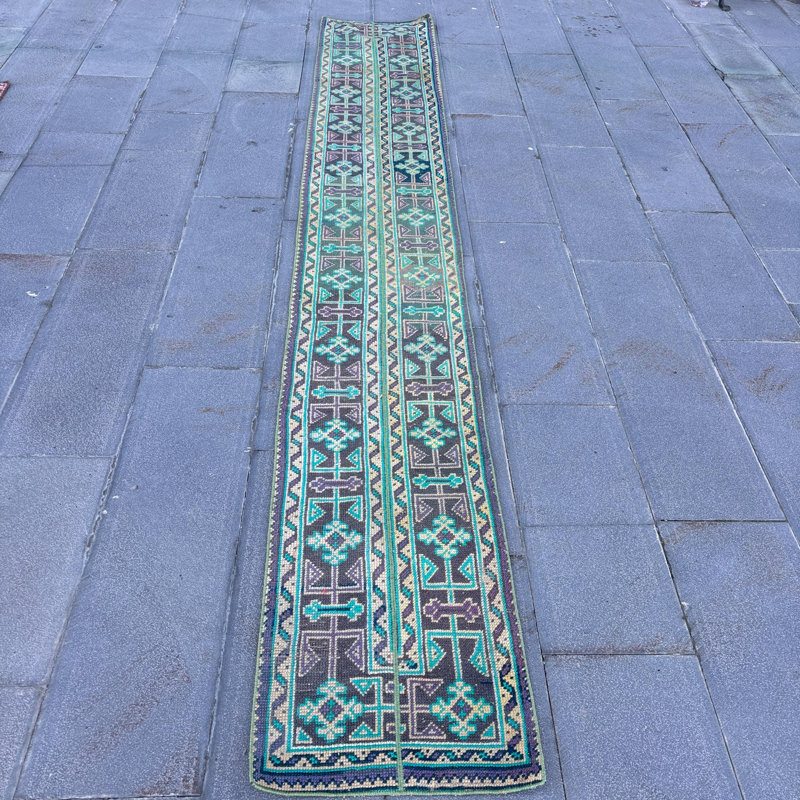 Tapis turc rétro tissé à la main avec un motif géométrique de style bohémien dans des tons verts