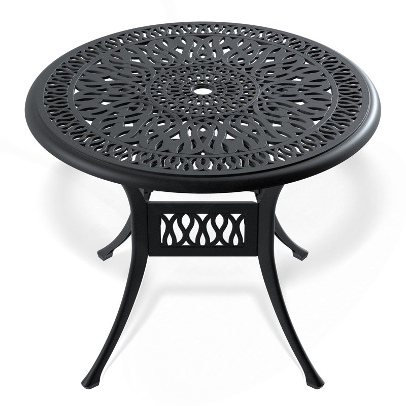 Table de salle à manger de patio en aluminium coulé 35,43 pouces avec structure noire et trou pour parasol