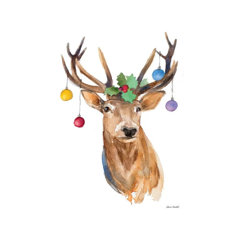 Deer With Holly And Ornaments by Lanie Loreth - Wrapped Canvas Gallery-Wrapped Canvas, 152.5 cm H x 101.5 cm W