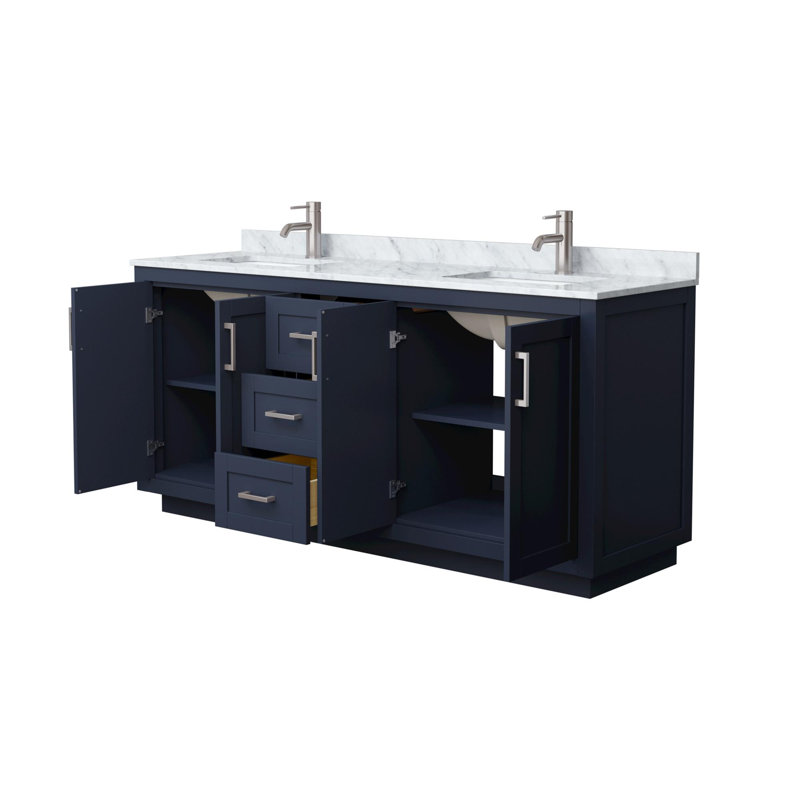 Meuble-lavabo double autoportant 72 po avec plateau en marbre Miranda, Bleu foncé, Nickel brossé
