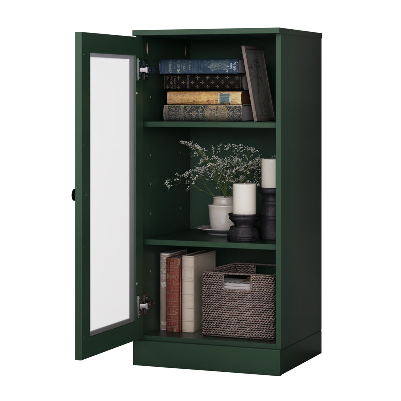 Bibliothèque 100% bois massif à 3 tablettes avec porte en verre givré et tablettes réglables, Vert