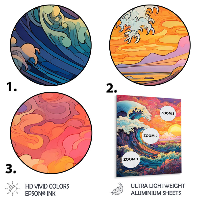 Coucher de soleil japonais sur les vagues de Kanagawa 2 - Art mural en métal au Japon, H 32 po x l 16 po x P 1 po
