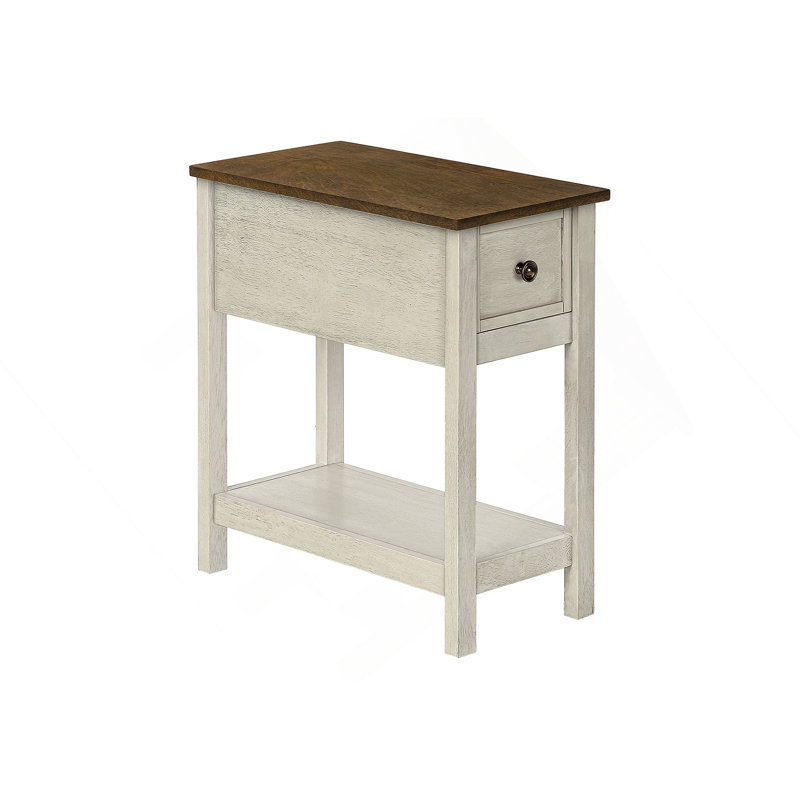 Table d'appoint, bout, table d'appoint, 2 niveaux, étroit, chambre à coucher, lampe, tiroir de rangement, placage blanc antique