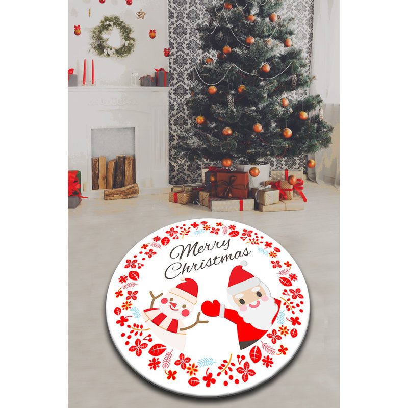 Christmas-Themed Round Carpet, 47.2 in Diameter | 100% Polyester, Pile Height: 0.4 in | Antibacterial, Non-Slip Underside, Machine Washable at 86°F | Festive White & Red Design, Perfect for Holiday Decor