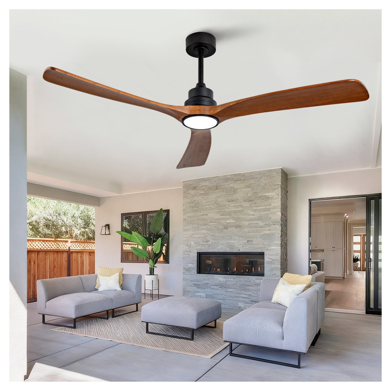 60 Inch Wood Ceiling Fan with 3 Solid Walnut Blades, Remote Control & Reversible DC Motor - Quiet LED Ceiling Fan for Living Room, Black