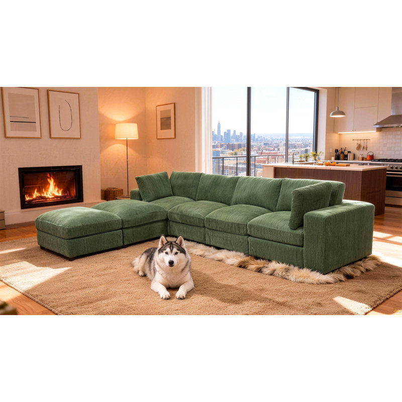 Canapé modulaire réversible en velours côtelé, 132" W, Dark Green Corduroy, Black