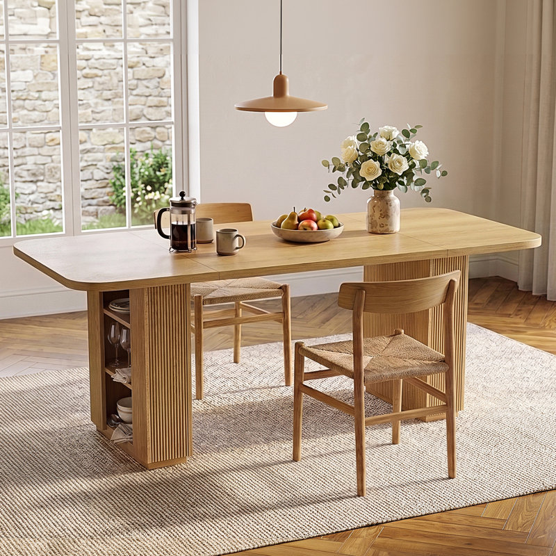 Table de salle à manger rectangulaire extensible 6 places, 180 cm (71 po), style moderne, avec pied central cannelé et rallonge papillon, plateau en MDF mélaminé et structure en fer, bois naturel.