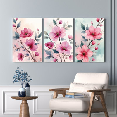 Pink Floral Canvas Wrapped Wall Art, Oil Painting Print (Set of 3)