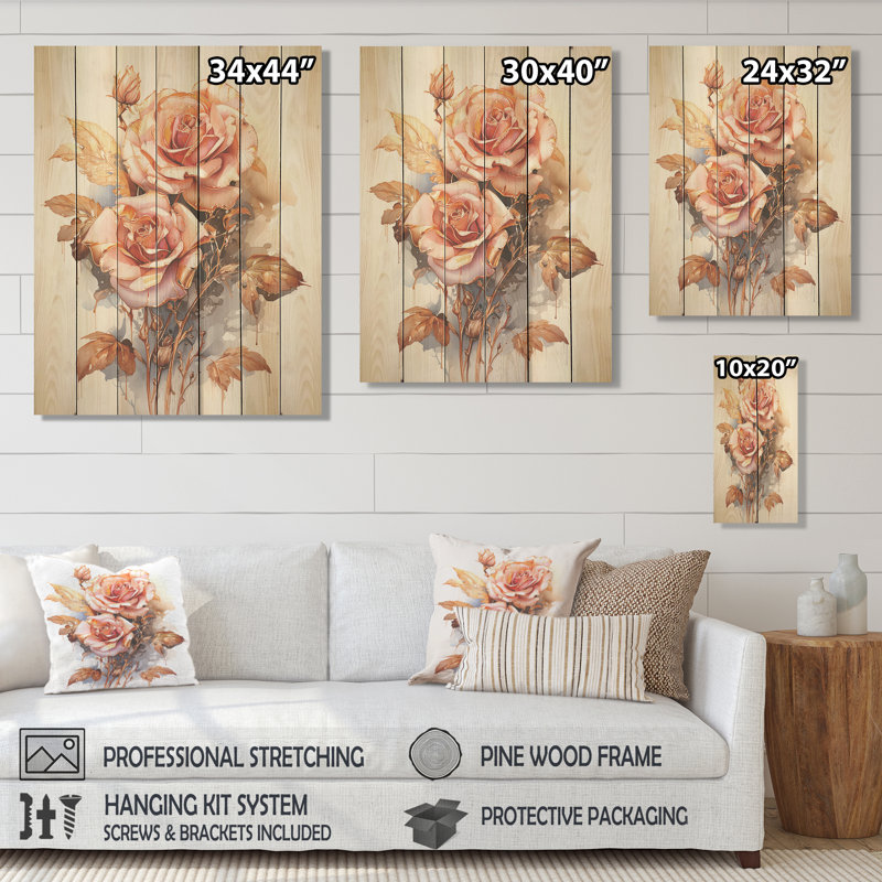 Rose monochromatique Elegance II - rose sur bois, H 20 po x l 10 po