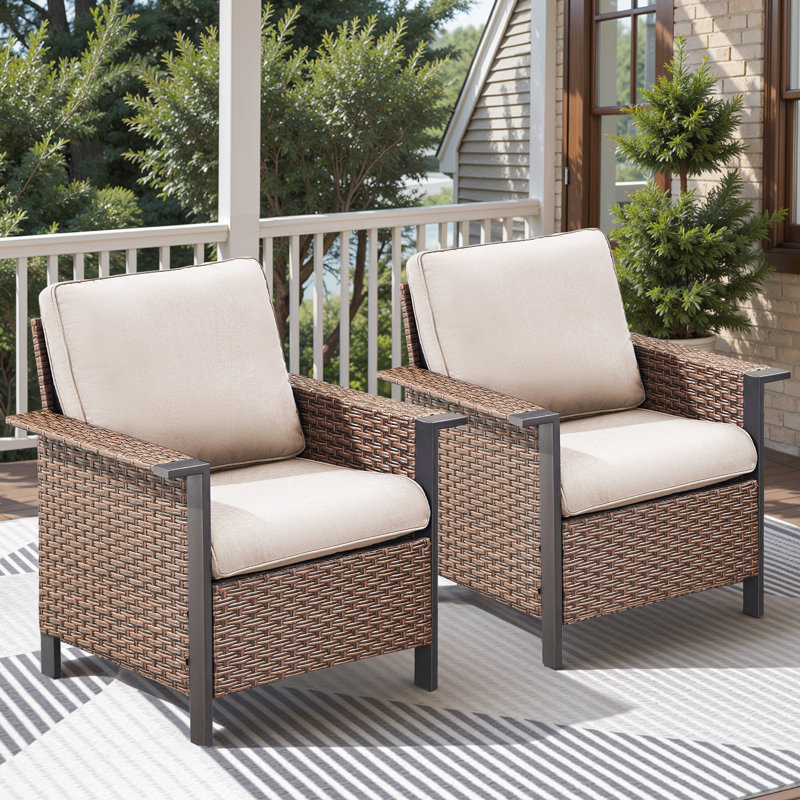 Coady All-Weather Wicker Outdoor Wide Armrest Lounge Chairs With Cushions (Set Of 2), Beige Cushion/Brown Frame