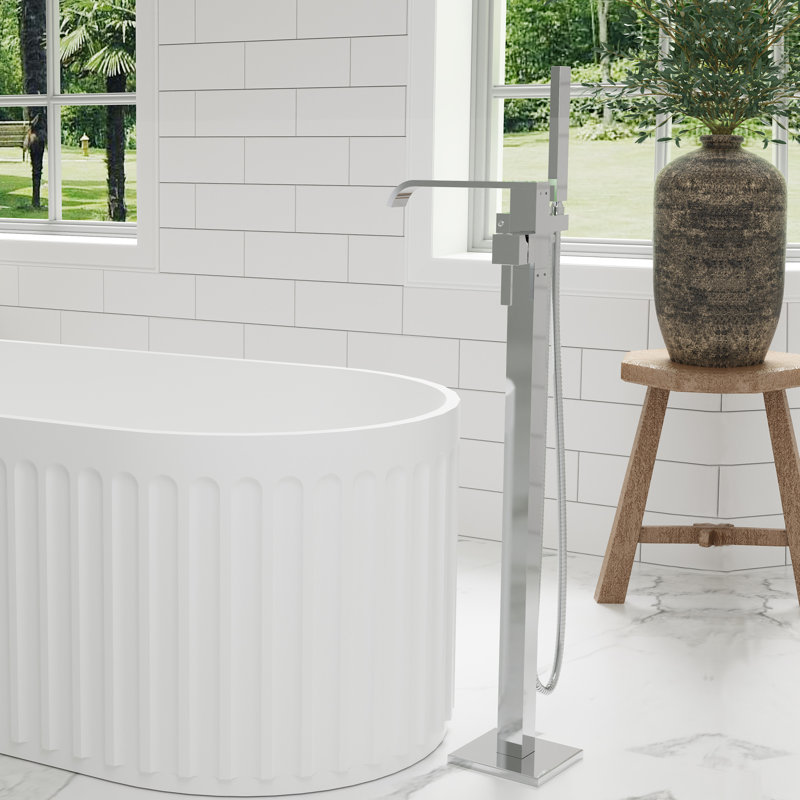 Freestanding Floor Mounted Bathroom Waterfall Tub Filler Single Handle with Hand Shower, Chrome
