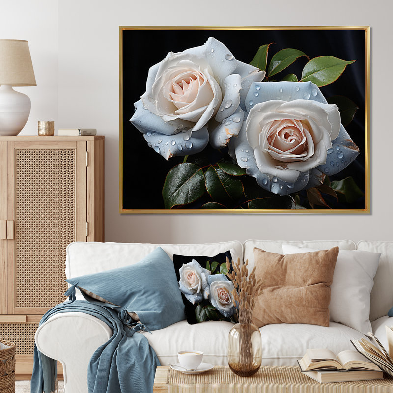 " White Roses Romantic Impression II " Mixed Media Print, 12" H x 20" W x 1" D, Gold Floater Framed