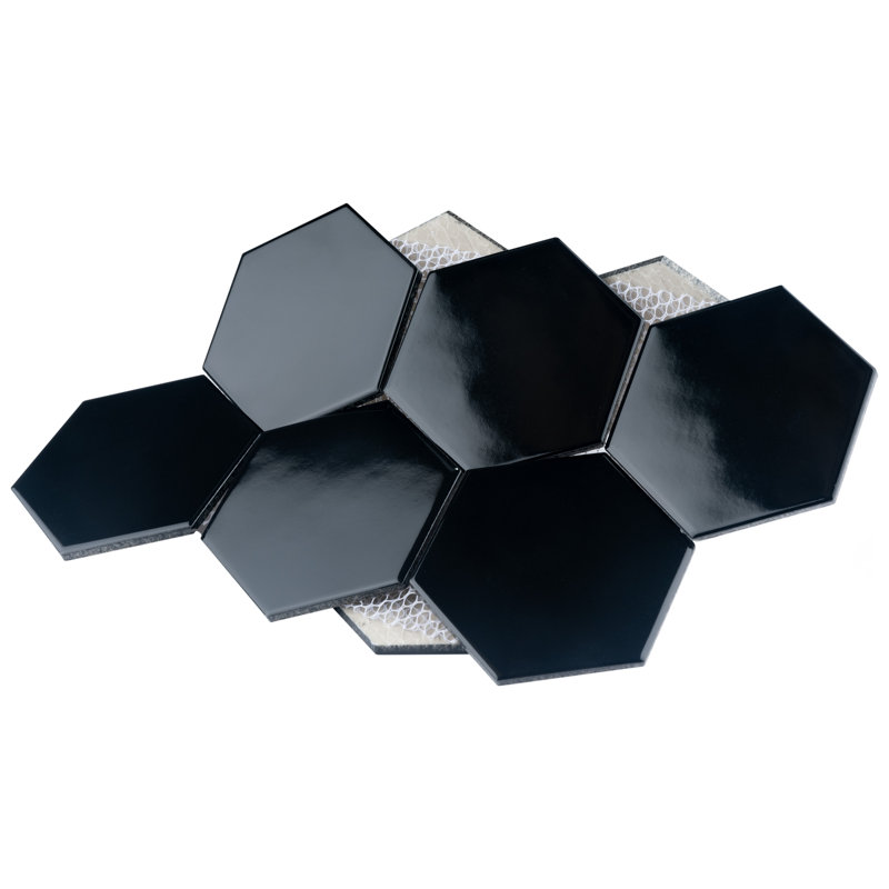 Metro Super 4" Hex Glossy Black 10" x 11-1/2" Porcelain Mosaic Tile