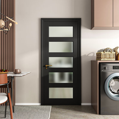 Modern Modern Doors, 28 po x 80 po, panneau de fibres à densité moyenne en bois et verre noir givré pour la maison