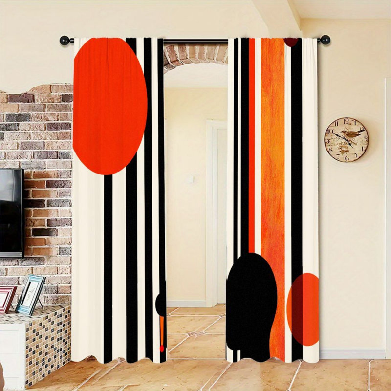 2PCS Modern Abstract Geometric Striped Circles Pattern Light Filtering Curtains for Teen Room Living Bedroom Cabinet Decoration