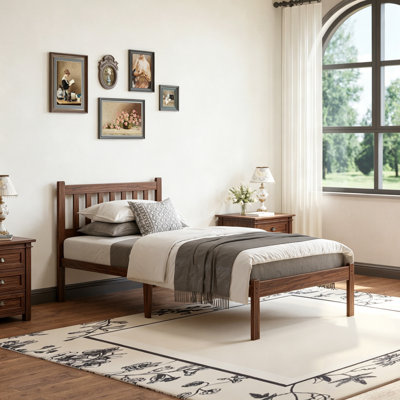 14"H Heavy-Duty Easy Assembly Solid Wood Bamboo Platform Bed Frame with Headboard Metal Slats