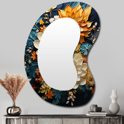 Gemini orange sarcelle botanique tourbillon II - grand miroir mural de forme unique botanique, miroir décoratif asymétrique orange, impression d'art en métal