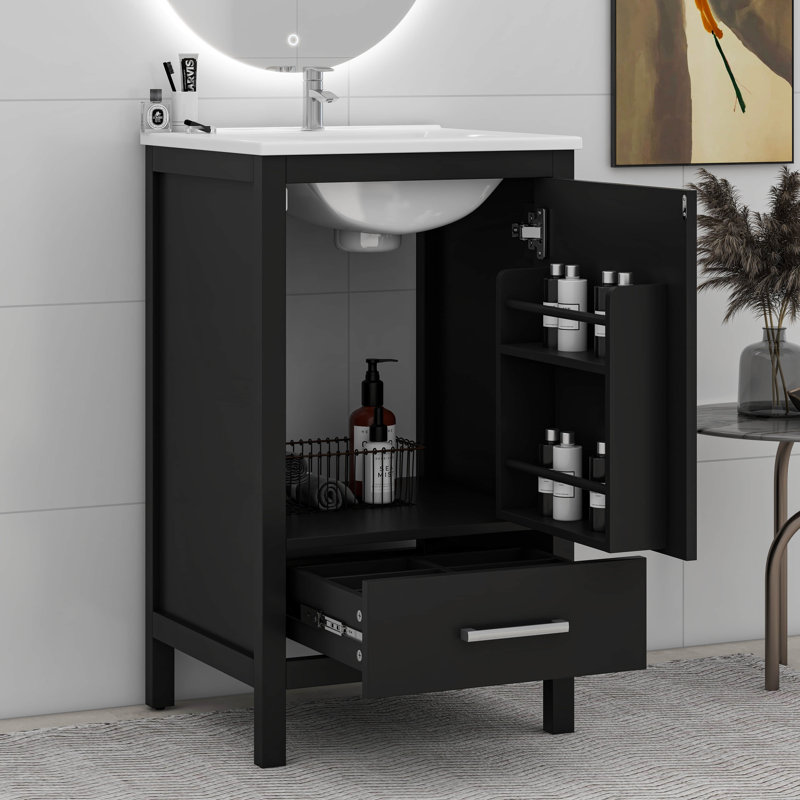 Meuble-lavabo moderne avec lavabo en céramique, organisateur de porte double couche, tiroir de séparation, patins réglables