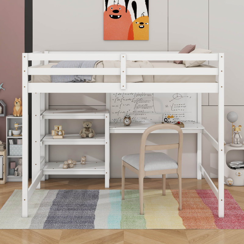 Lit mezzanine en bois avec tablettes, bureau et tableau d'écriture, Double, Blanc