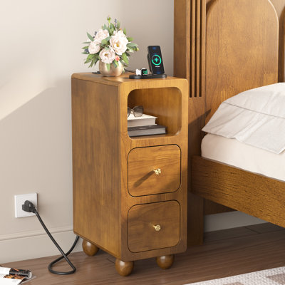 Narrow Nightstand with Charging Station, Small Tall Beside Table with 3 Drawers, Walnut Solid Wood Night Stand, Mid Century Modern Nightstand for Bedroom (10 inch)