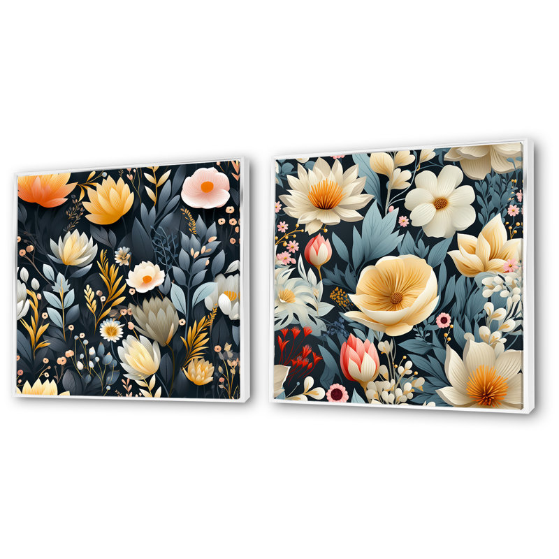 Chaudière - ensemble de 2 reproductions d'art sur toile florales, Cadre blanc, H 16 po x l 33 po x P 1 po
