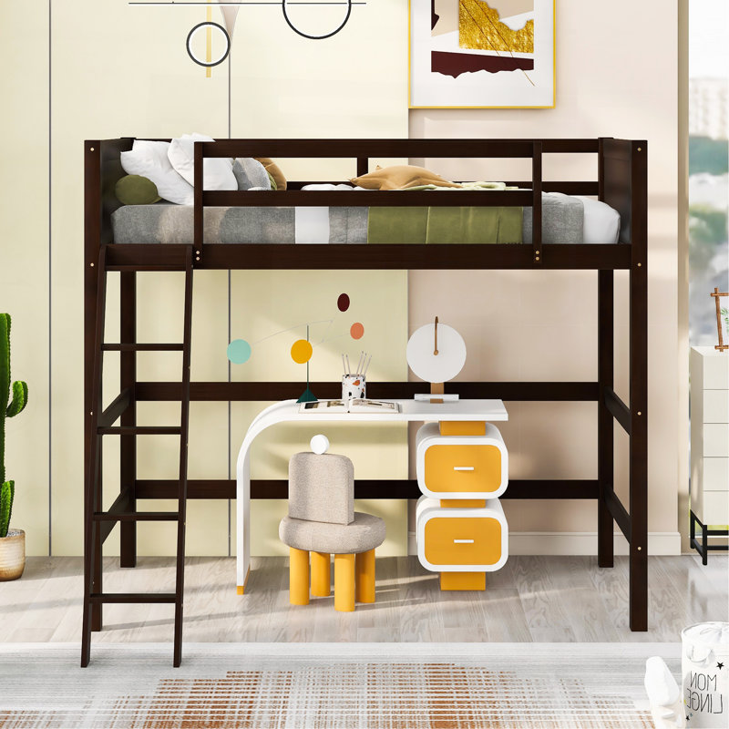 Lit mezzanine simple en bois massif avec échelle (espresso)